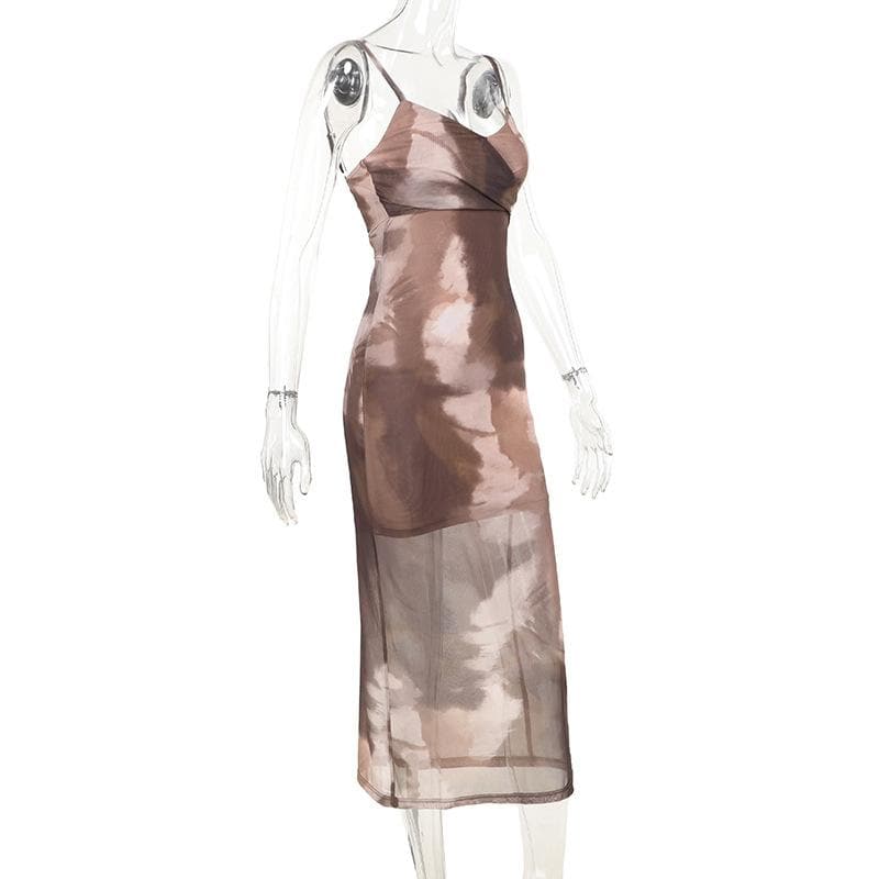 Tie dye ruched mesh self tie cami midi dress