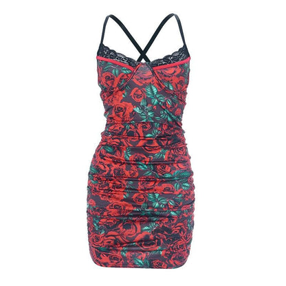 Floral Print Sweetheart Lace Trim Ruched Bodycon Cami Mini Dress