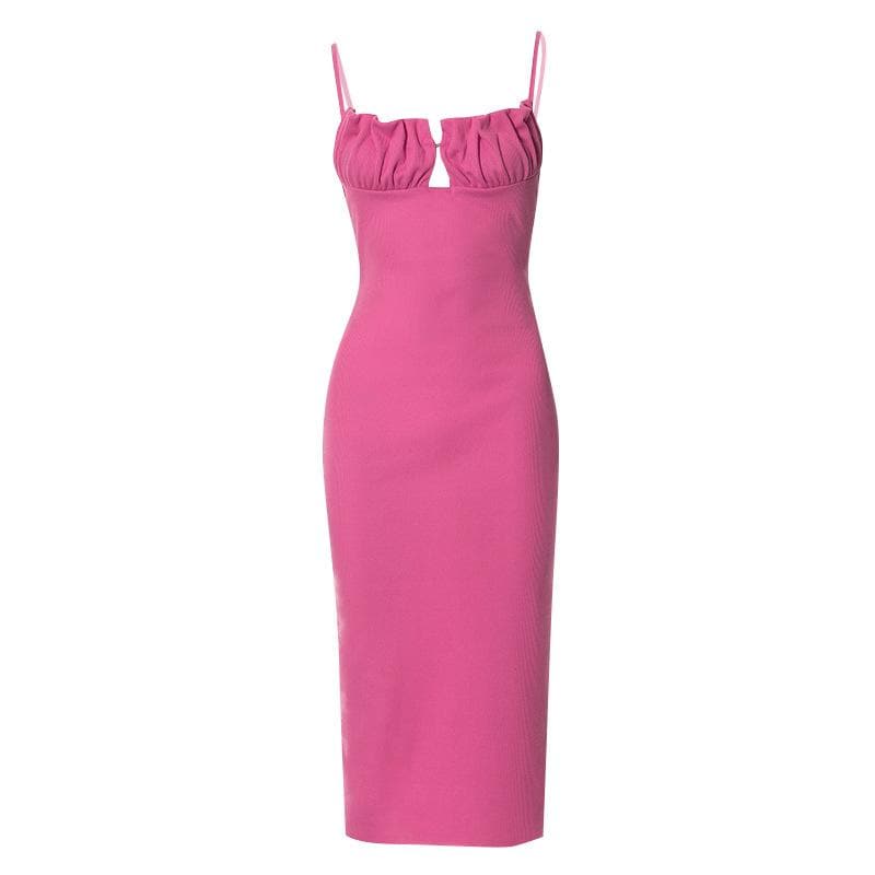 Spaghetti Strap Ruched Bust Keyhole Ribbed Knit Bodycon Midi Dress