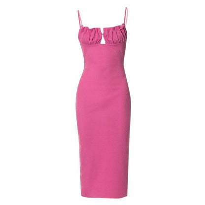 Spaghetti Strap Ruched Bust Keyhole Ribbed Knit Bodycon Midi Dress