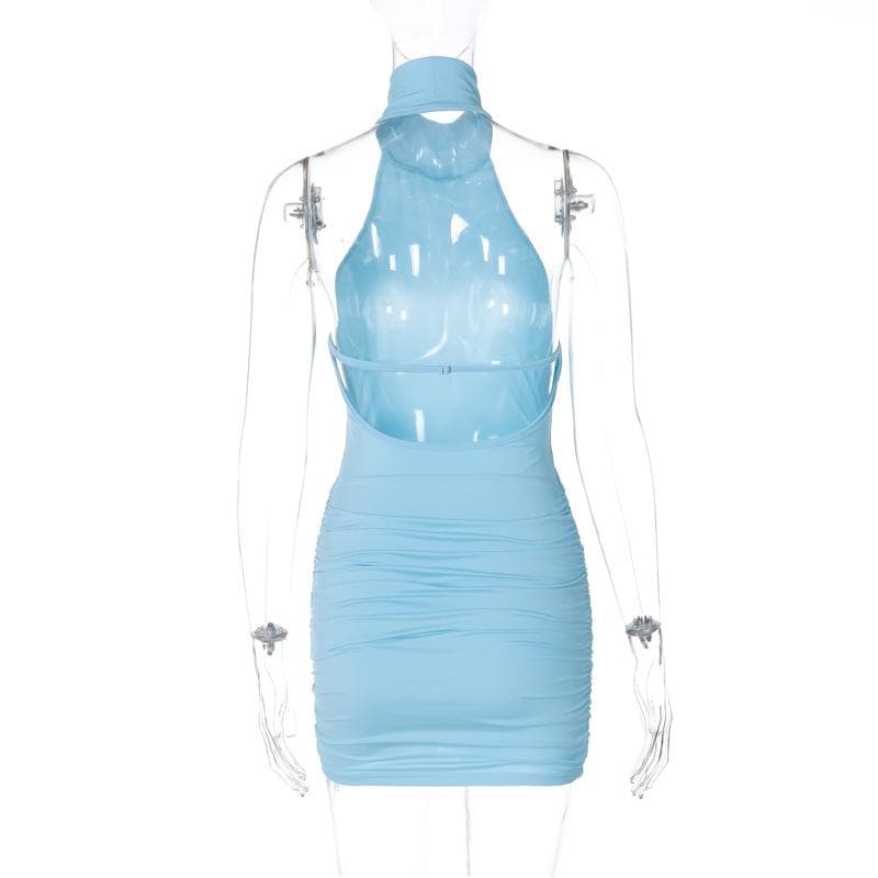 Halter high neck ruched backless mini dress