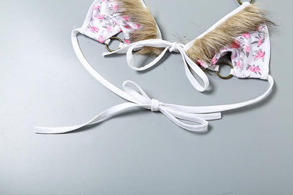 Halter o ring flower print fluffy self tie pant set