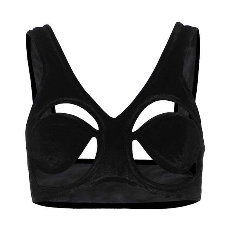 Velvet hollow out solid backless crop cut out top