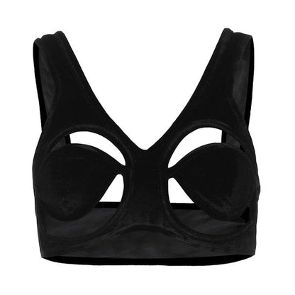 Velvet hollow out solid backless crop cut out top