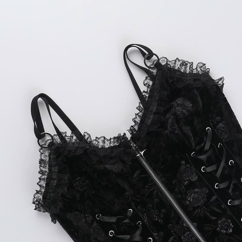 V neck lace hem zip-up ruffle lace up cami top