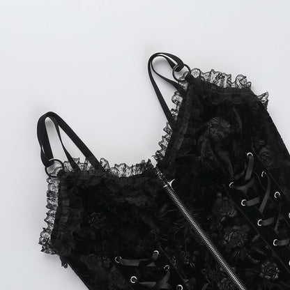 V neck lace hem zip-up ruffle lace up cami top