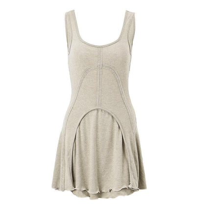 Exposed Seam Arch Panel Scoop Neck Tiered Raw Hem Mini Dress