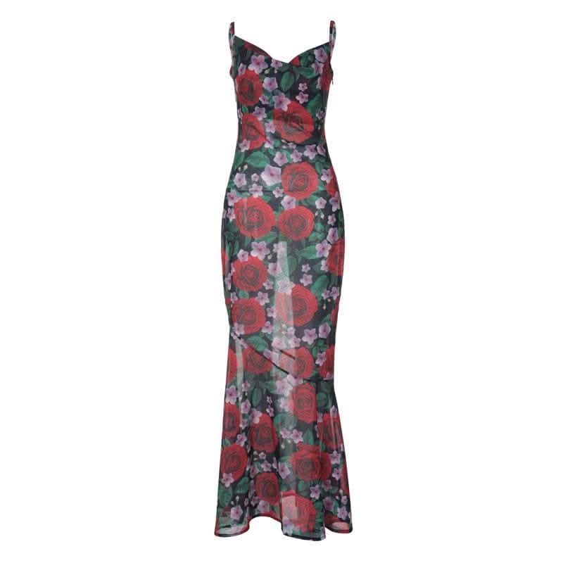 Cowl neck flower print zip-up contrast backless cami maxi dress-final-sale
