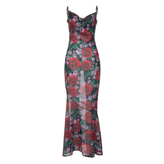 Cowl neck flower print zip-up contrast backless cami maxi dress-final-sale