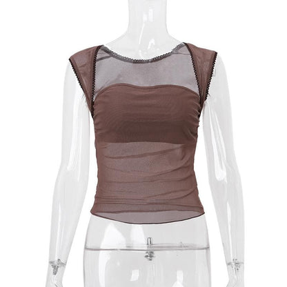 Cap sleeve mesh ruffle solid top