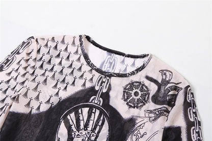 Sheer mesh abstract contrast see through long sleeve maxi dress