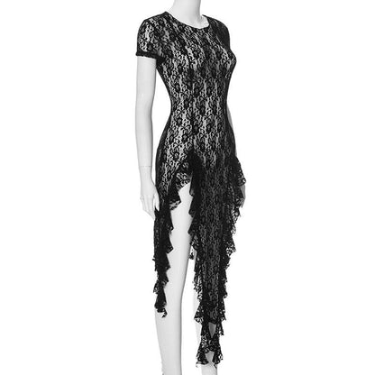Short sleeve lace ruffle high slit mini dress