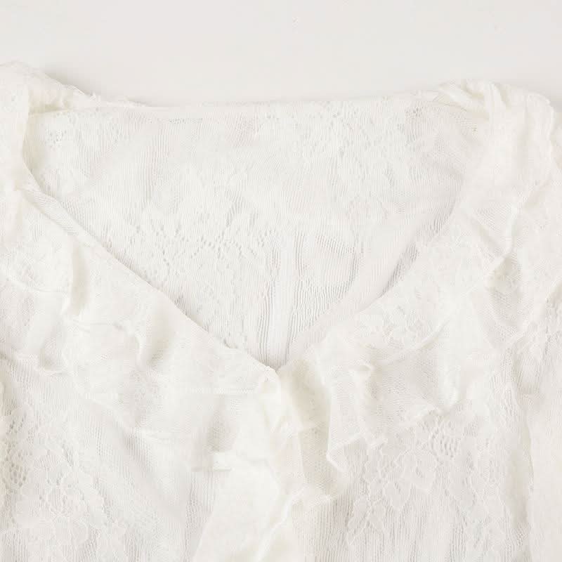 Long sleeve ruffle lace see through top