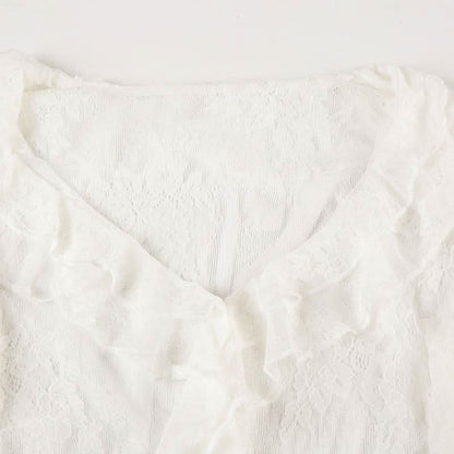 Long sleeve ruffle lace see through top