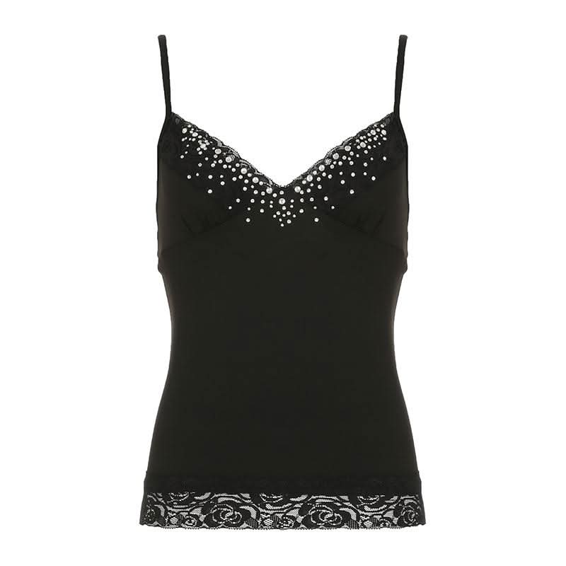 Beaded v neck lace hem backless cami top