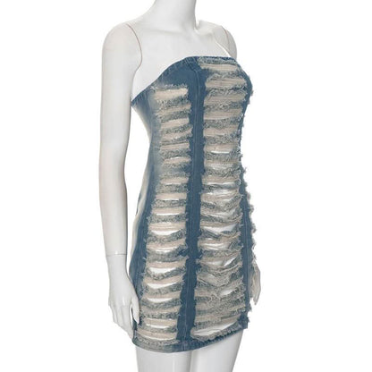 Hollow out ruched raw hem zip-up tube cut out mini dress