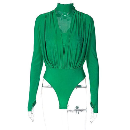 V neck solid ruched gloves high neck long sleeve bodysuit