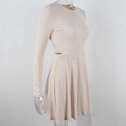 Ribbed long sleeve solid button hollow out crewneck cut out mini dress