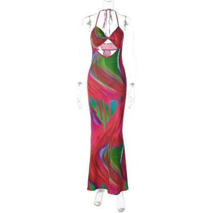Contrast print halter hollow out knotted backless cut out maxi dress-final-sale