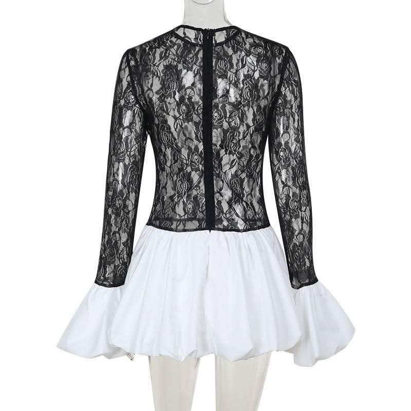 Long sleeve lace patchwork zip-up mini dress