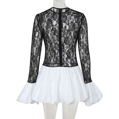 Long sleeve lace patchwork zip-up mini dress
