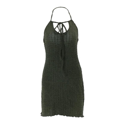 Ruffle halter textured hollow out self tie solid cut out mini dress