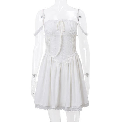 Lace hem lace up ruched backless square neck mini dress