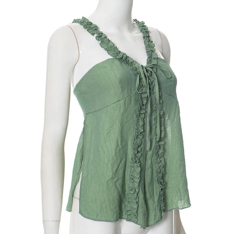 V neck ruffle bowknot slit cami top