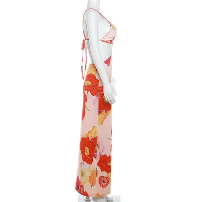 Hollow out v neck backless self tie flower print cut out maxi dress-final-sale