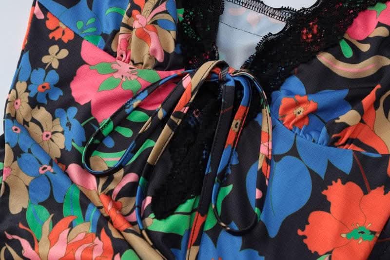 Lace hem sleeveless v neck flower print contrast maxi dress-final-sale