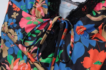 Lace hem sleeveless v neck flower print contrast maxi dress-final-sale