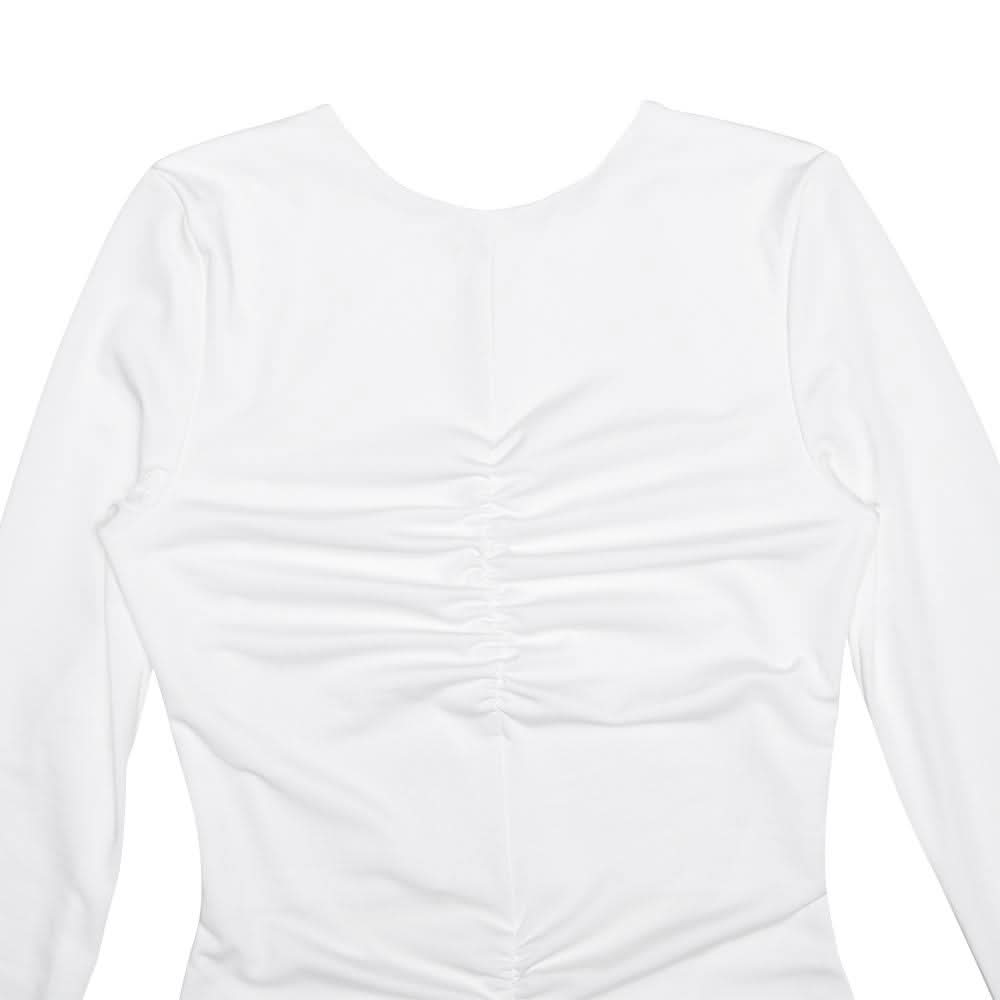 Long sleeve crewneck lace backless ruched midi dress