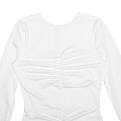 Long sleeve crewneck lace backless ruched midi dress