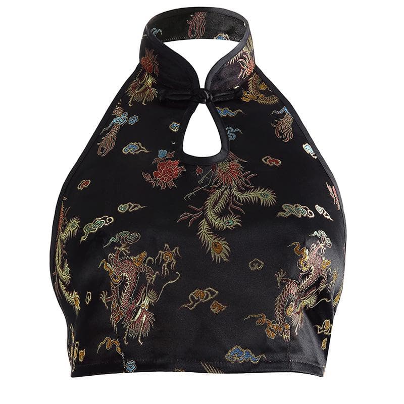 Halter hollow out dragon embroidery crop cut out top