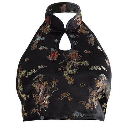 Halter hollow out dragon embroidery crop cut out top