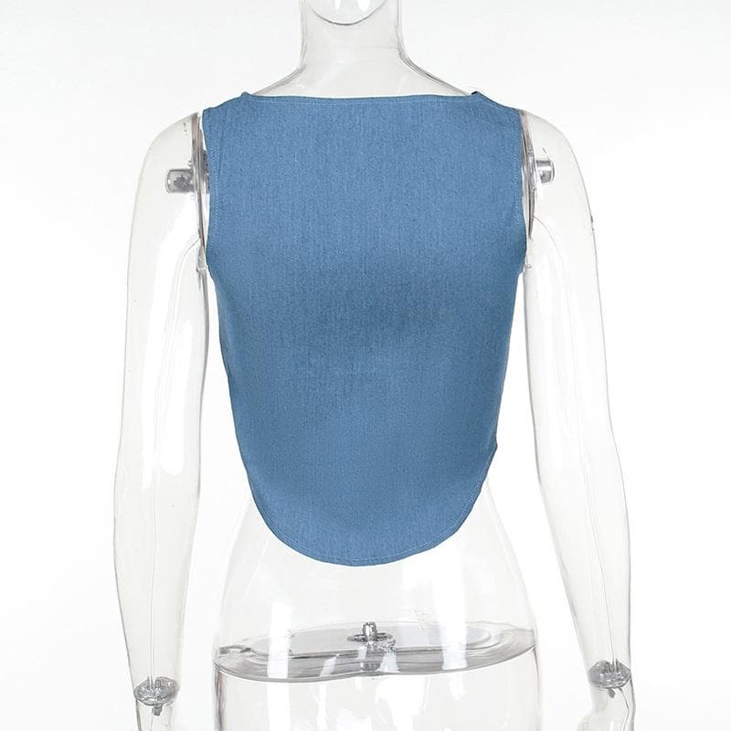 Hollow out button sleeveless corset low cut denim cut out top