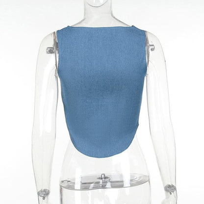 Hollow out button sleeveless corset low cut denim cut out top