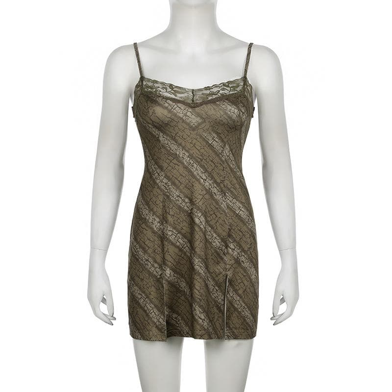 Print lace hem slit cami mini dress