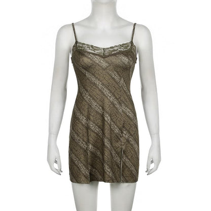 Print lace hem slit cami mini dress