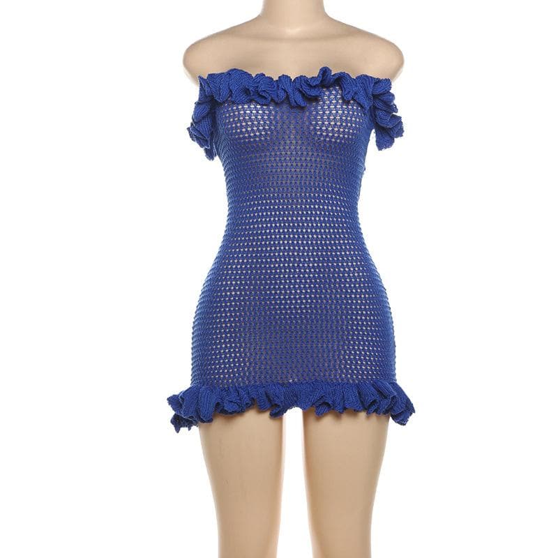 Knitted ruffle see through knotted tube mini dress