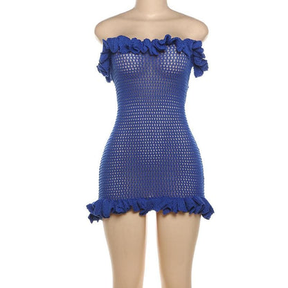 Knitted ruffle see through knotted tube mini dress