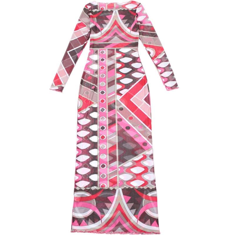 Long sleeve ruffle abstract mesh maxi dress