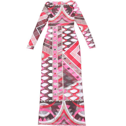 Long sleeve ruffle abstract mesh maxi dress