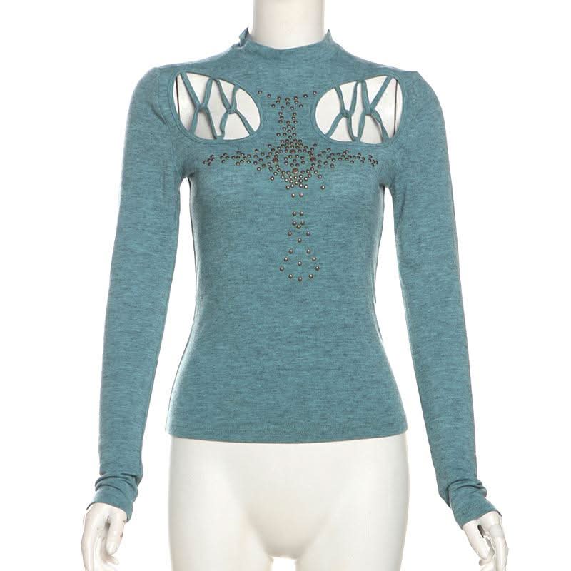 High neck long sleeve beaded cross pattern hollow out cut out top