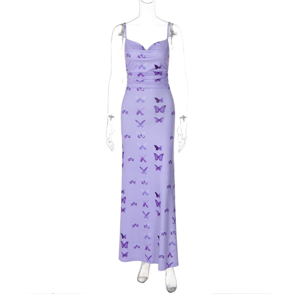 Butterfly print ruched cami maxi dress