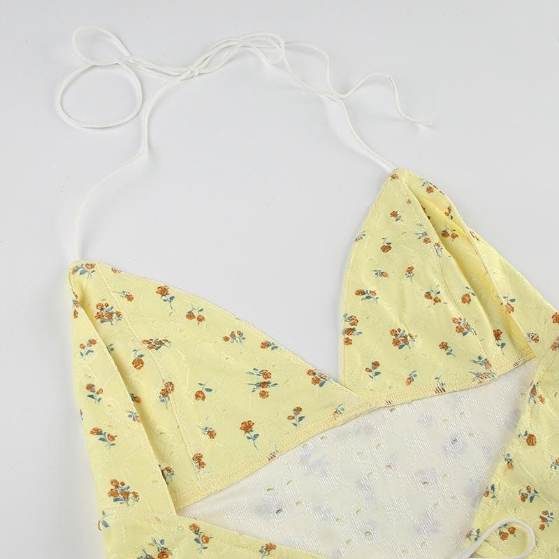 Halter v neck flower print backless textured top