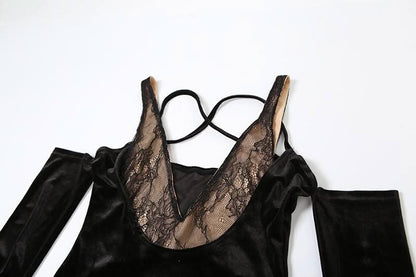 Off shoulder v neck velvet lace hem cami maxi dress