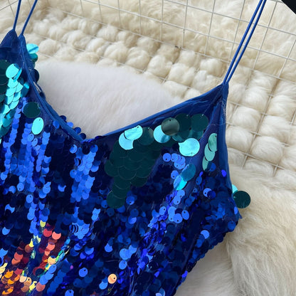 Glitter v neck spaghetti strap zip-up backless mini dress