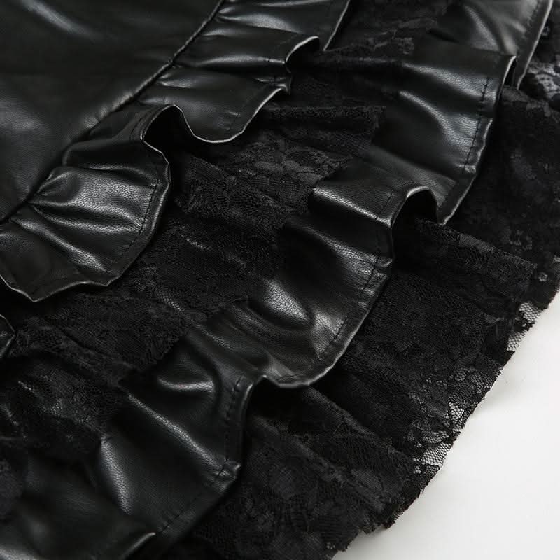 PU leather lace patchwork ruched mini skirt