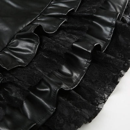 PU leather lace patchwork ruched mini skirt